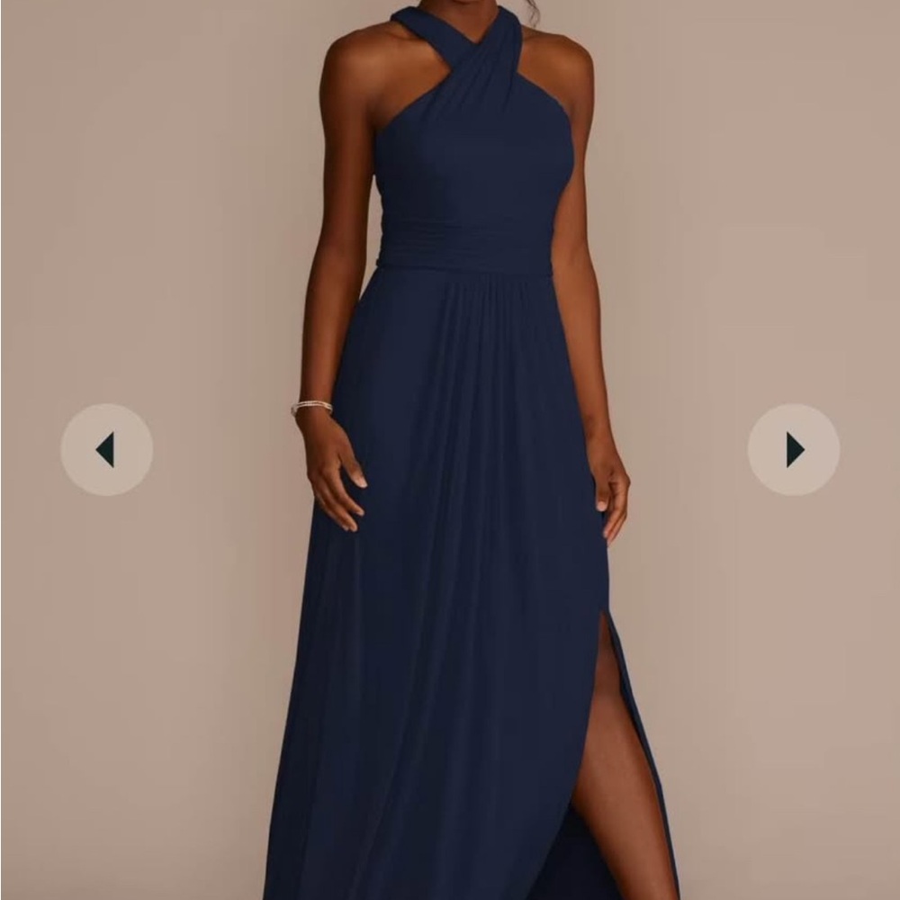 Elegant Marine Blue Cross Neck David’s Bridal Dress